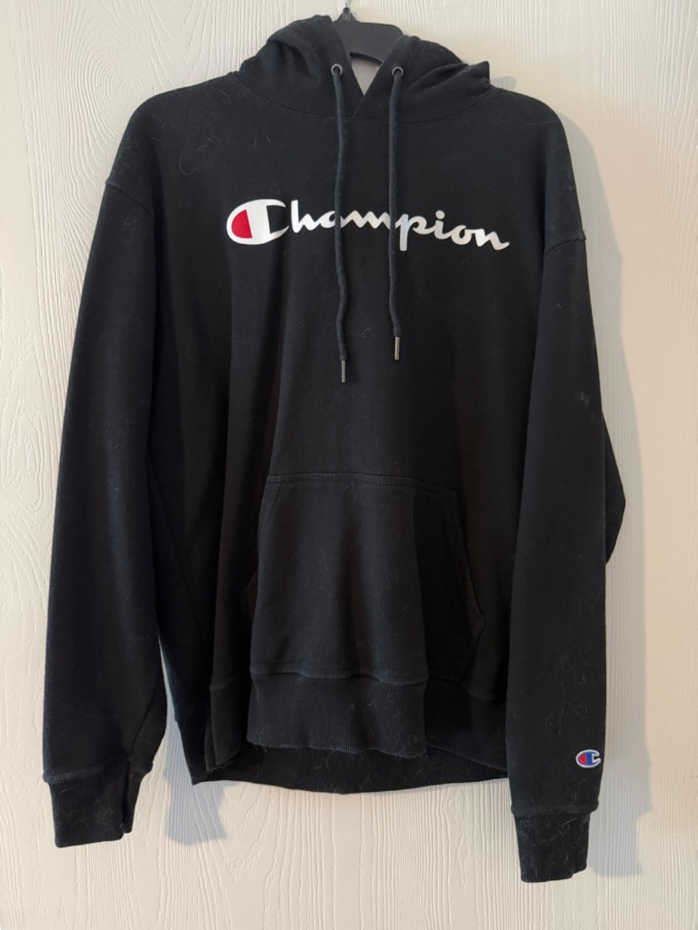 Champion Black Crewneck Hoodie with White Script and Red Logo Accent